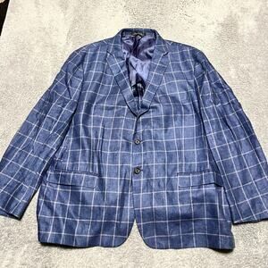 Ralph Lauren LRL Blazer Mens 50R 100% Linen 2-Button Coat Blue Windowpane Plaid